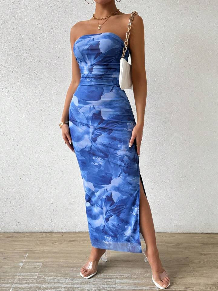 SHEIN BAE Women's Plant Print Side Slit Slimming Mesh Strapless Dress | SHEIN