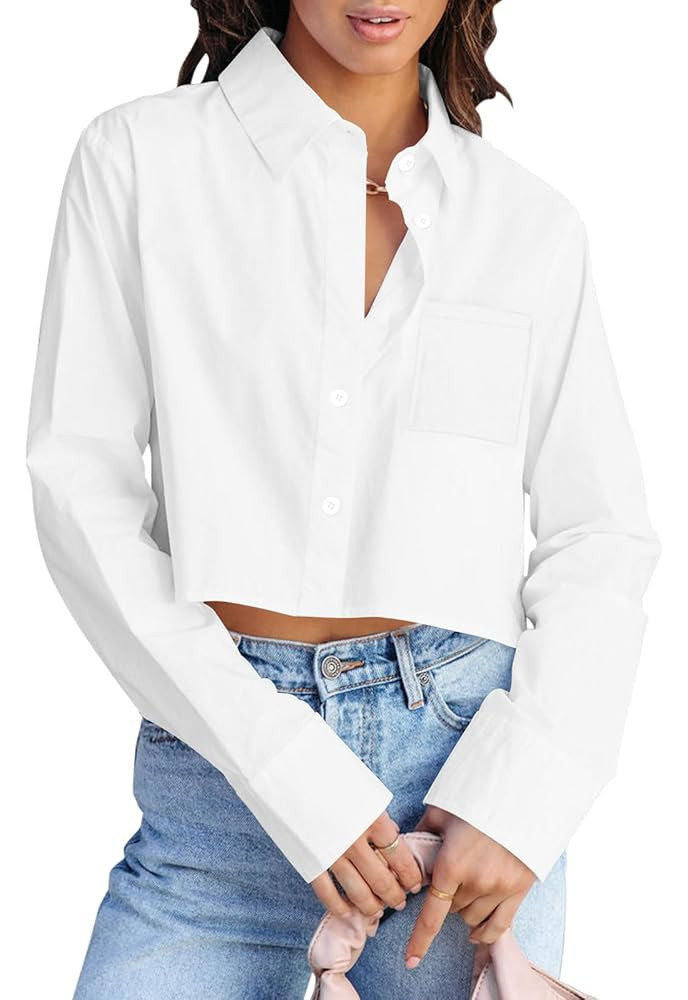 INFITTY Button Down Shirts for Women Long Sleeve Casual Crop Tops Solid Lapel Blouse Shirt with P... | Amazon (US)