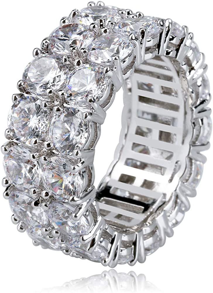 TOPGRILLZ 9mm 2Rows Round Cut 14K Silver Plated Iced out Lab Diamond Wedding Band Eternity Bands Rin | Amazon (US)