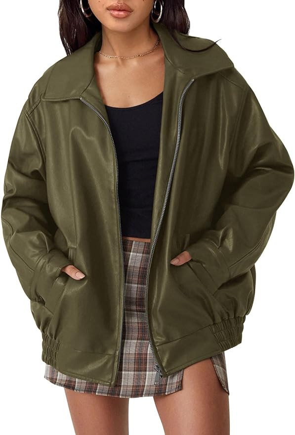 Trendy Queen Women's Leather Jackets Oversized Faux Motorcycle Plus Size Moto Biker Coat Fall Out... | Amazon (US)