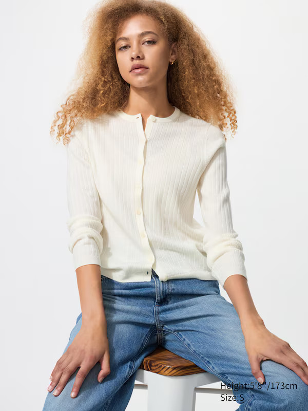 100% Merino Ribbed Crew Neck Short Cardigan | UNIQLO (UK)