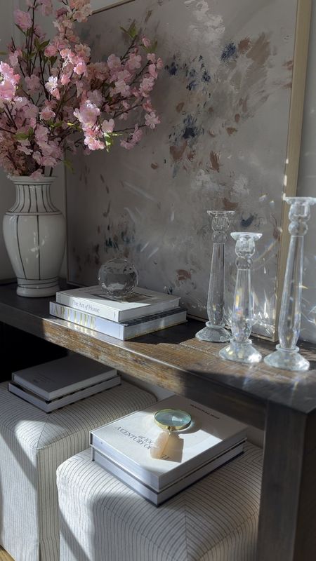 Console table styling, Alice lane home, house of Blum, crystal orb, candlestick holders, coffee table books, ottomans, studio McGee, modern organic, abstract wall art, cherry blossoms vase, 

#LTKhome #LTKfindsunder100
