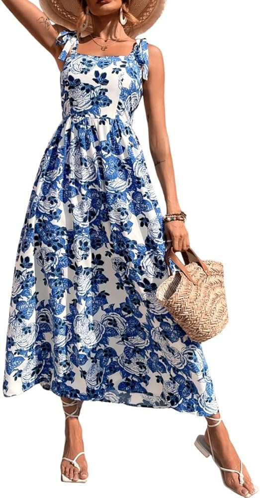 WDIRARA Women's Floral Print Tie Shoulder Sleeveless Flared Hem Cami Dress | Amazon (US)