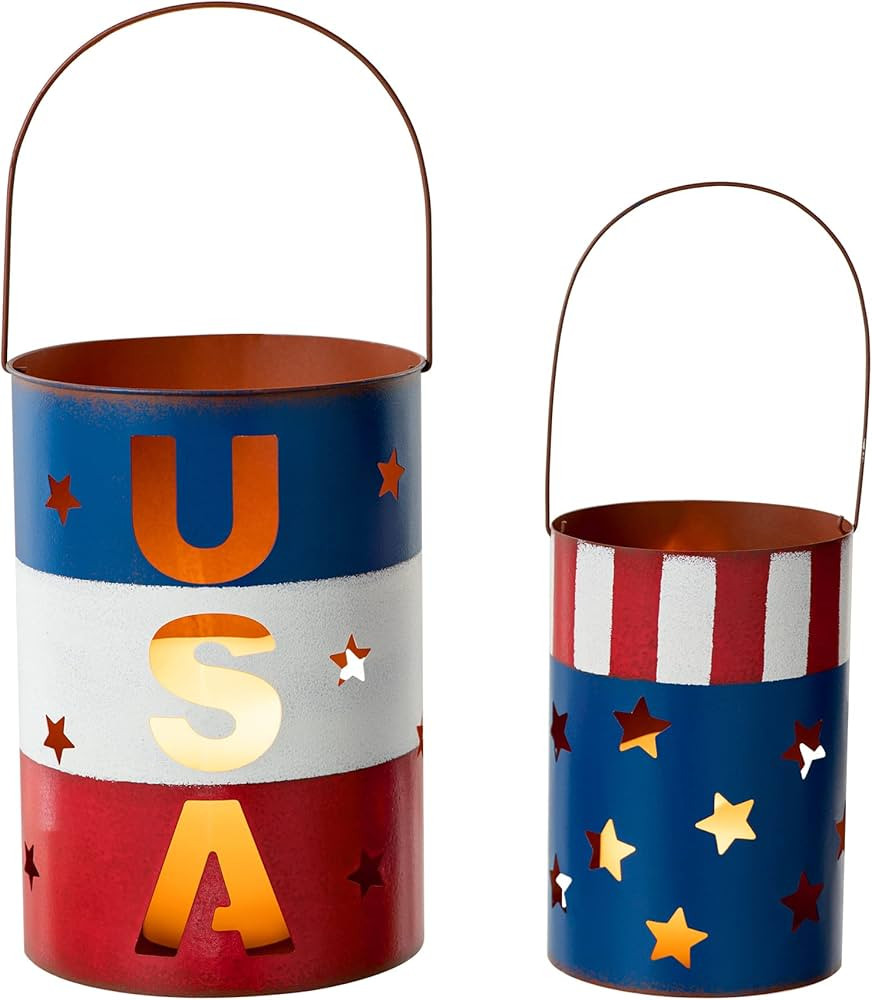 Glitzhome Patriotic Decorations for 4th of July Set of 2 Metal American Flag Candle Lanterns, Red... | Amazon (US)