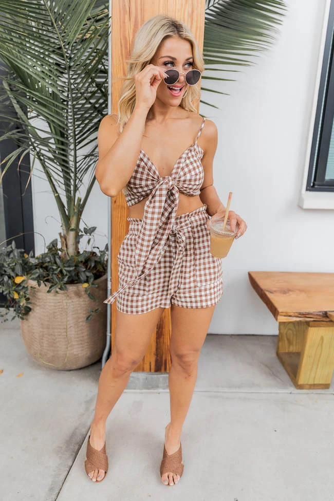 Callback Number Brown Gingham Belted Shorts | Pink Lily