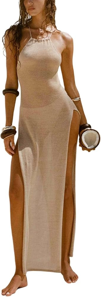 Women's Swimwear Cover Ups Crochet Knitted Backless High Slit Beach Maxi Dress Coverups | Amazon (US)