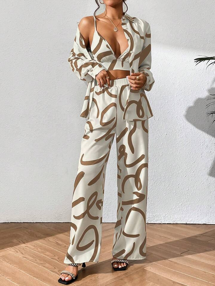 SHEIN Privé Allover Print Shirt & Wide Leg Pants & Cami Top | SHEIN