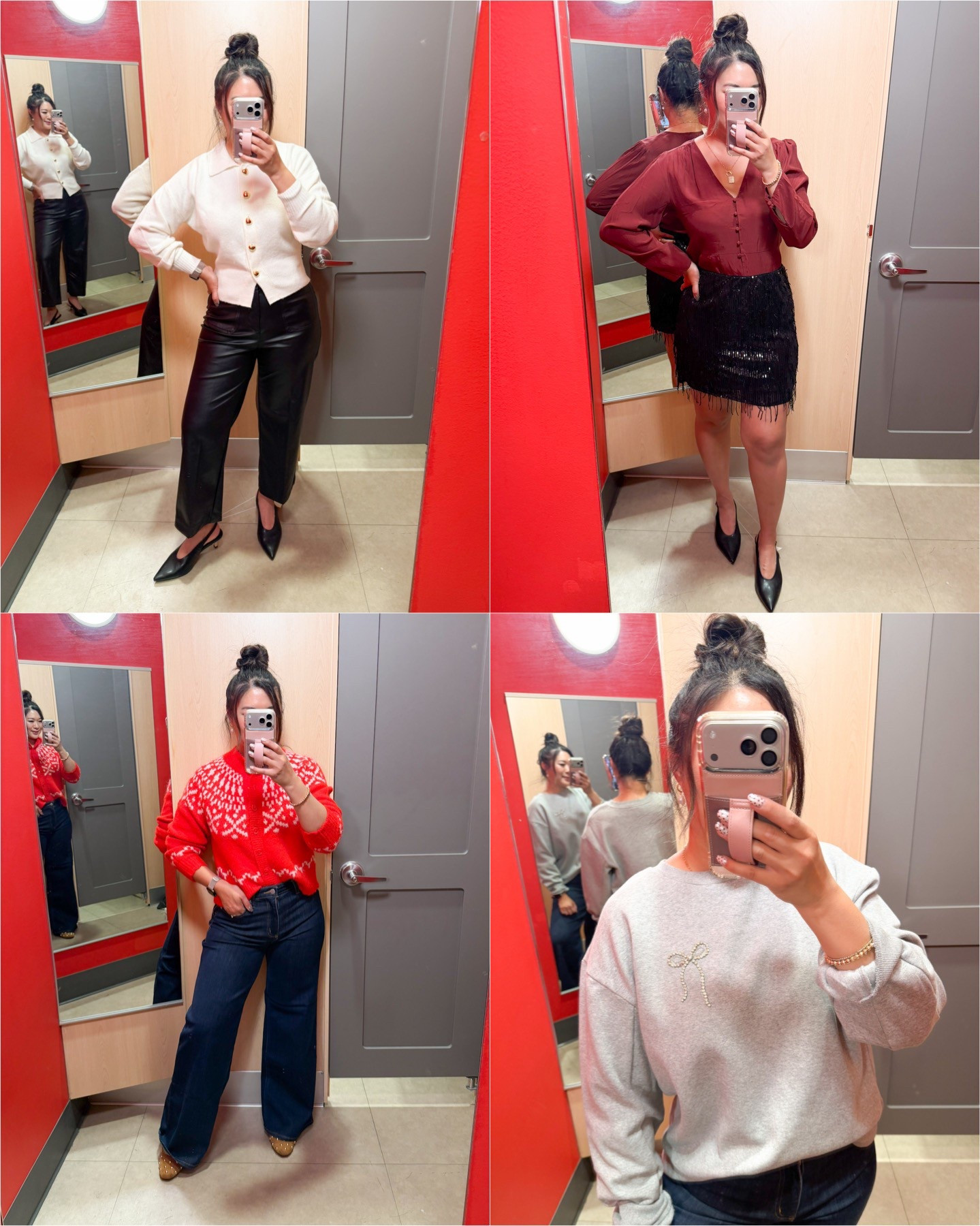 Target Holiday Outfits 20% off!
Heart Cardigan Sweater: Small
Faux Leather Crop Pant: 8
Red Top: Small
Black Sparkly Skirt: Medium
Red Sweater: Medium
Wide Leg Denim: 8
Bow Sweatshirt: Large 