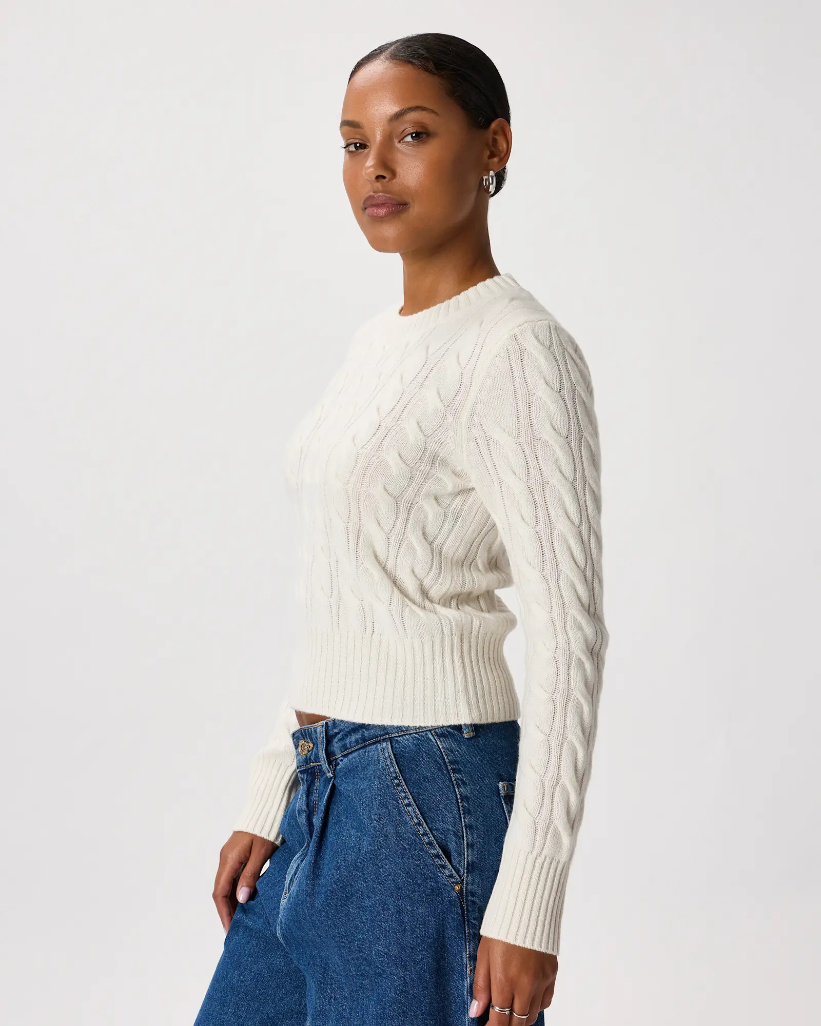 Mongolian Cashmere Shrunken Cable Crewneck Sweater in Ivory | Quince