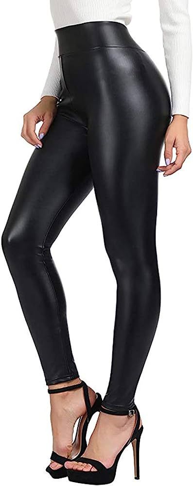 SEASUM Women's Faux Leather Leggings Pants PU Elastic Shaping Hip Push Up Black Sexy Stretchy High W | Amazon (US)