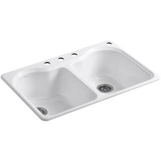 Hartland Drop-In Cast Iron 33 in. 4-Hole Double Bowl Kitchen Sink in White | The Home Depot