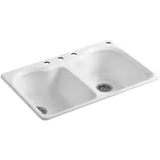 Hartland Drop-In Cast Iron 33 in. 4-Hole Double Bowl Kitchen Sink in White | The Home Depot