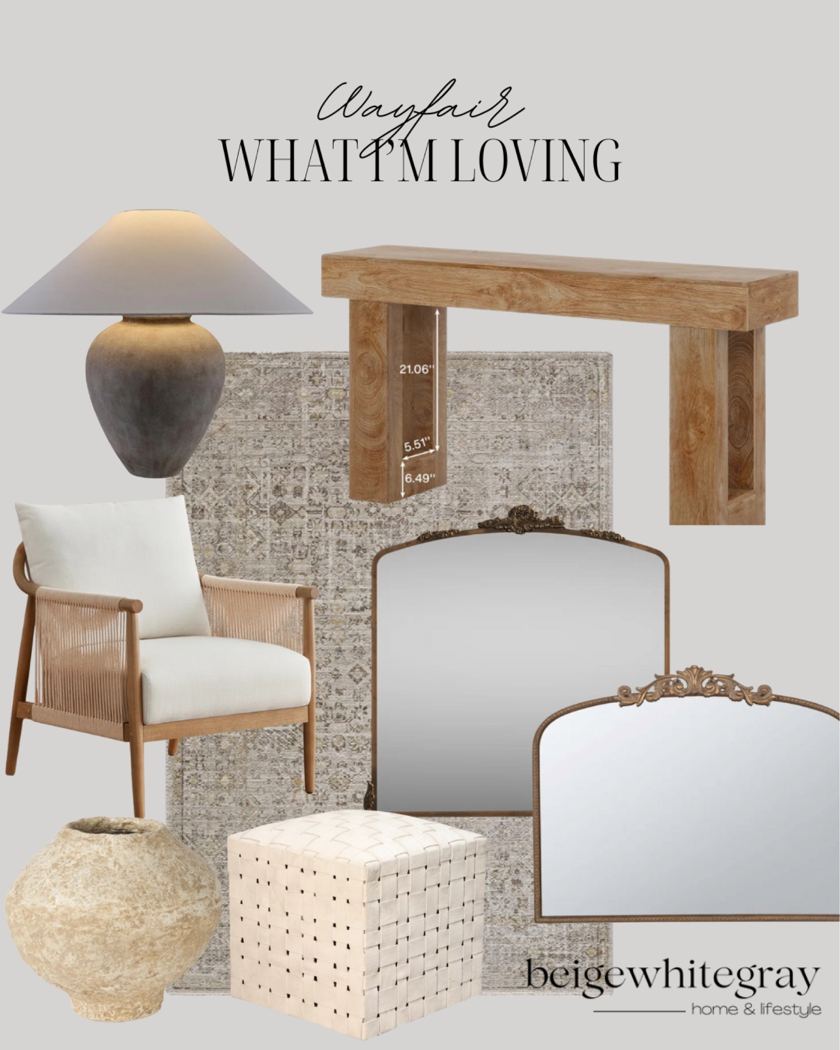 Neutral, rustic, organic home decor and furniture finds from wayfair! Rustic Organic console table, modern, japandi style lamp, woven detail accent chair, leather woven ottoman, neutral rug. Rustic vase, paper mache vase 

#LTKStyleTip #LTKSeasonal #LTKHome