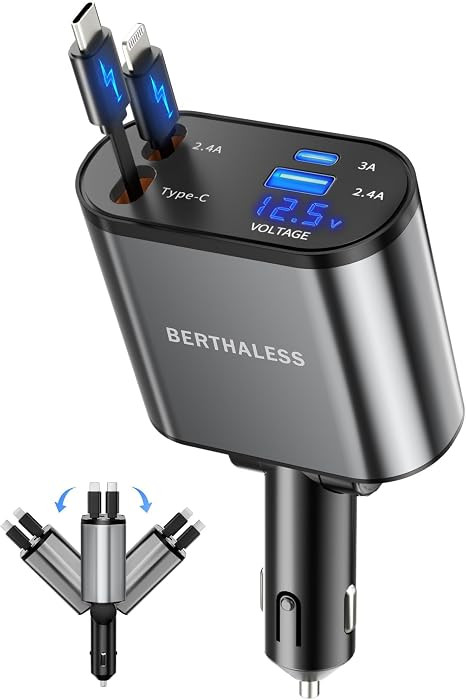 Retractable Car Charger, 4 in 1 Fast Charging Car Charger with USB-C & USB-A, Compatible with iPh... | Amazon (US)