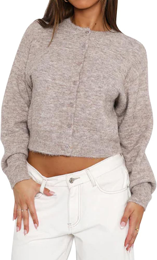 MISSACTIVER Women's Button Down Cropped Cardigan Sweater Solid Open Front Long Sleeve Crewneck kn... | Amazon (US)