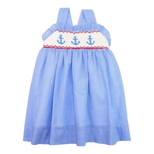 Blue Gingham Smocked Anchor Dress | Cecil and Lou