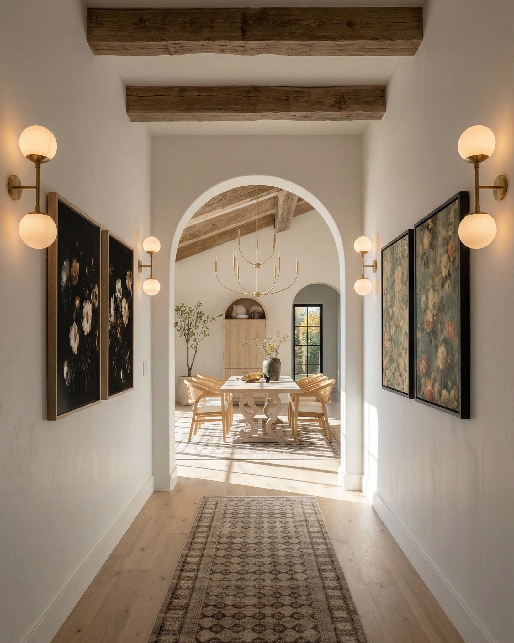 * Rectangular light wood dining table (traditional trestle base)
* Woven cane dining chairs (natural oak frame)
* Neutral vintage-style area rug (distressed pattern)
* Brass modern chandelier (linear / sculptural arms)
* Rustic exposed wood ceiling beams (reclaimed look)
* Large black-framed sliding glass doors (industrial style)
* Dark ceramic vase (handmade / organic texture)
* Dried floral arrangement (neutral stems)
* Sculptural brass decorative bowl
* Black ceramic candle holder (modern abstract form)
* White taper candle
* Small matte black decorative bowl
* Minimalist sculptural object (black accent piece)
* Light wood sideboard cabinet (fluted / ribbed detailing)
* Built-in arched niche cabinet (custom millwork look)
* Decorative pottery (neutral ceramic vases)
* Framed landscape wall art (classic / muted tones)
* Indoor olive tree (or faux olive tree)
* Neutral linen / textured textiles
* Warm light oak flooring
* Soft cream / off-white wall paint
* Arched doorway architectural detail


#LTKHome #LTKSaleAlert