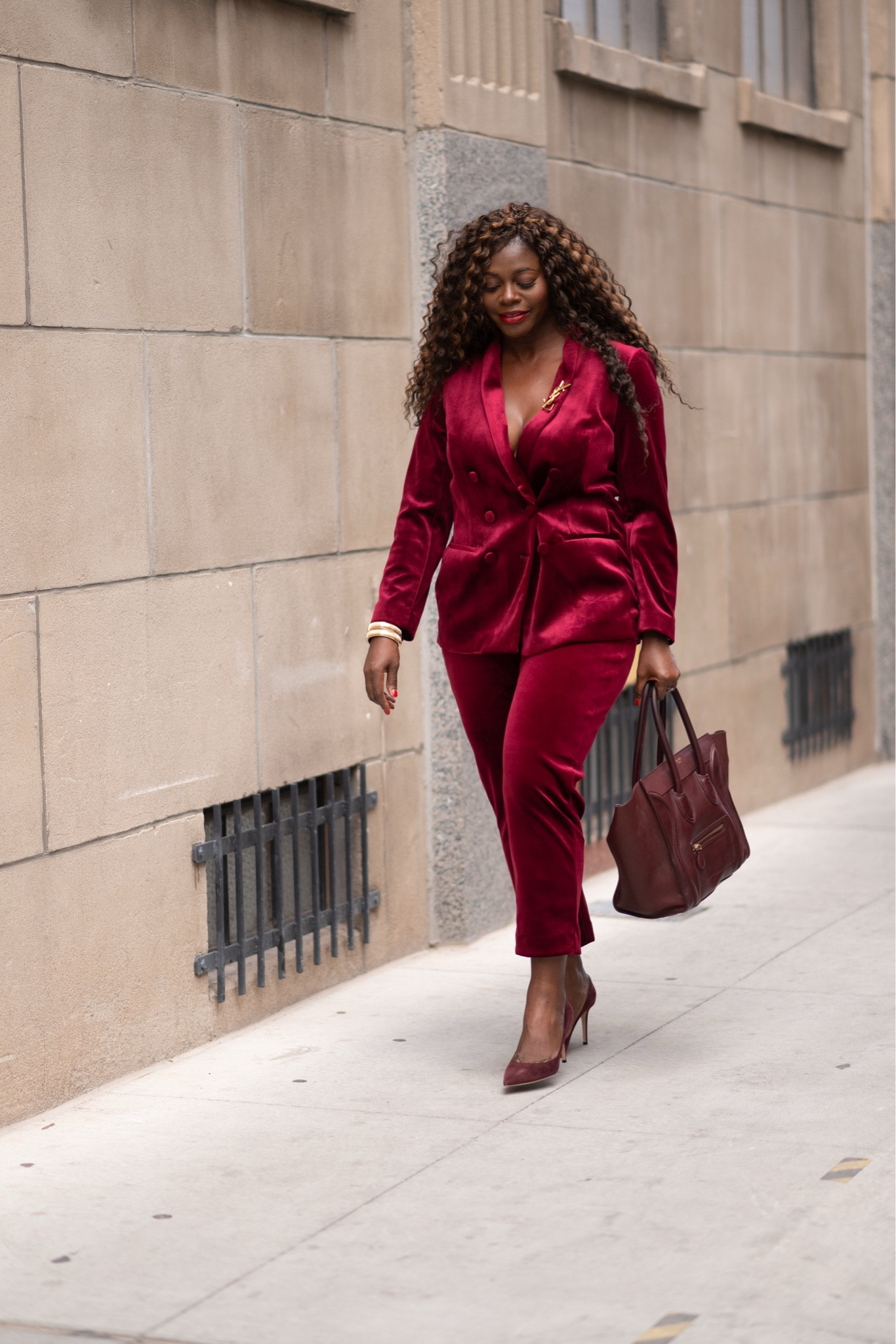 One of the colors of the season, a great holiday color and wearing it in a suit as an alternative to a dress or skirt! 