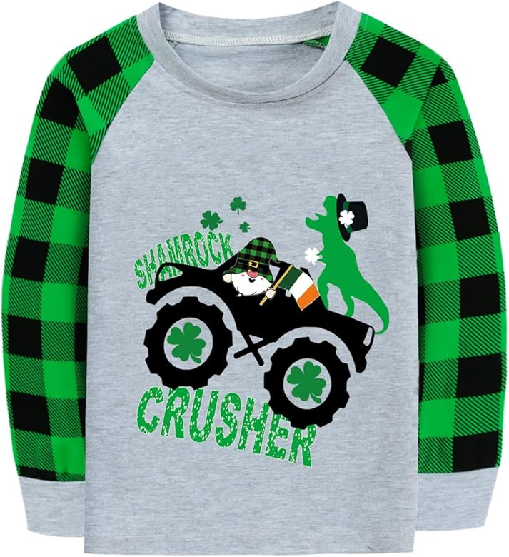 CM-Kid Toddler Boys Girls St Patricks Day Shirts Clover Dino Tractor Irish Green Plaid Sleeve Tsh... | Amazon (US)