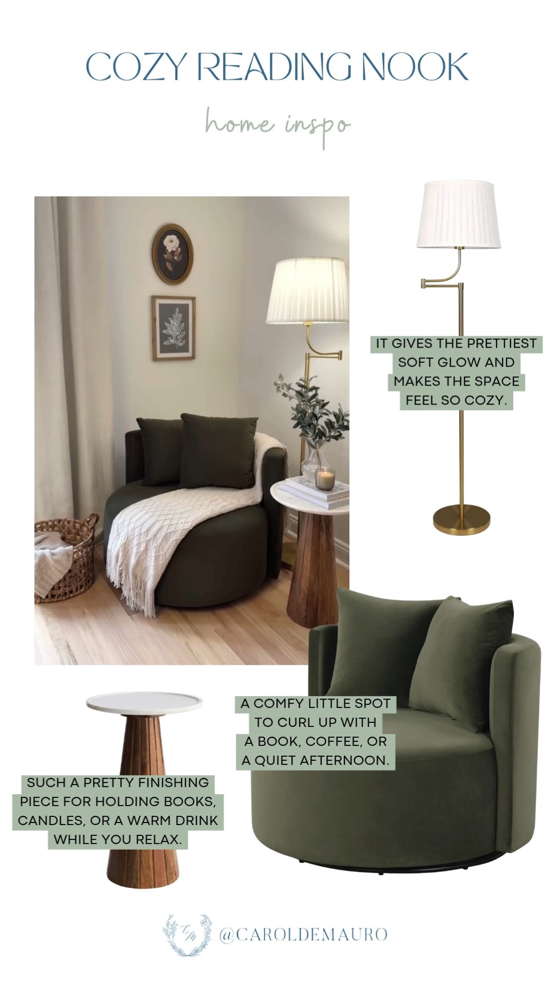 cozy reading nook, reading corner, bookwom, home inspo, reading space furniture, floor lamp, swivel chair, pedestal table, warm palette, vintage style home, home styling

#LTKHome