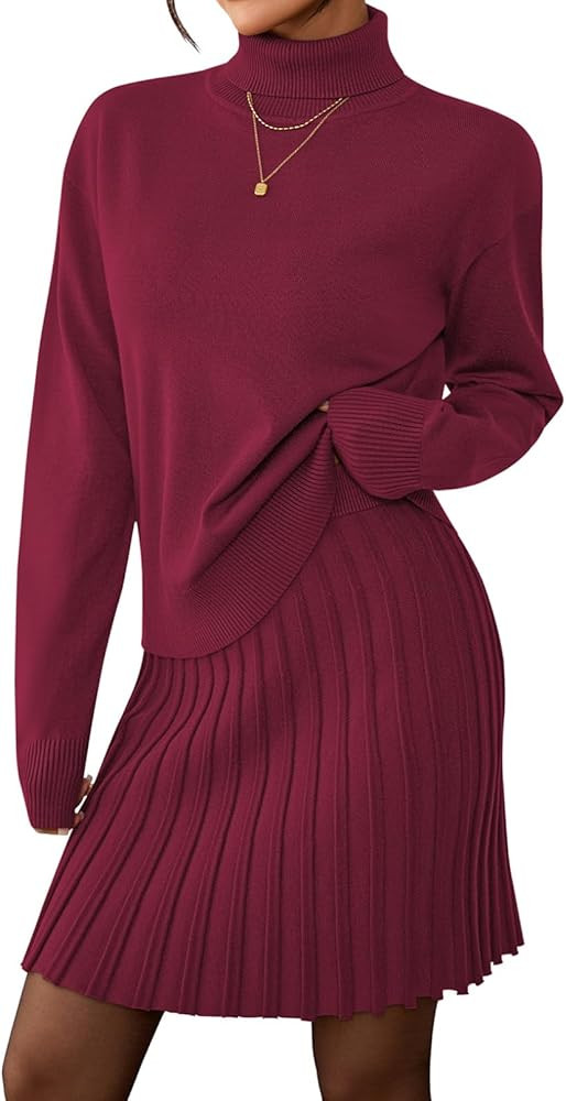 Pink Queen 2025 Women's 2 Piece Sweater Outfits Set Long Sleeve High Neck Top Pleated Mini Skirt ... | Amazon (US)