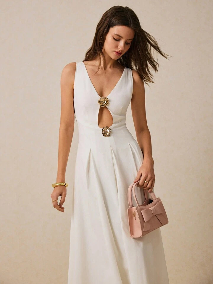 Poéselle Women's Metal Flower Decoration Hollow Sleeveless Dress, Spring Dress, White Beach Dress, Sun Dress, Midi Dress,White Summer Dress, Poeselle,White Graduation Dress | SHEIN