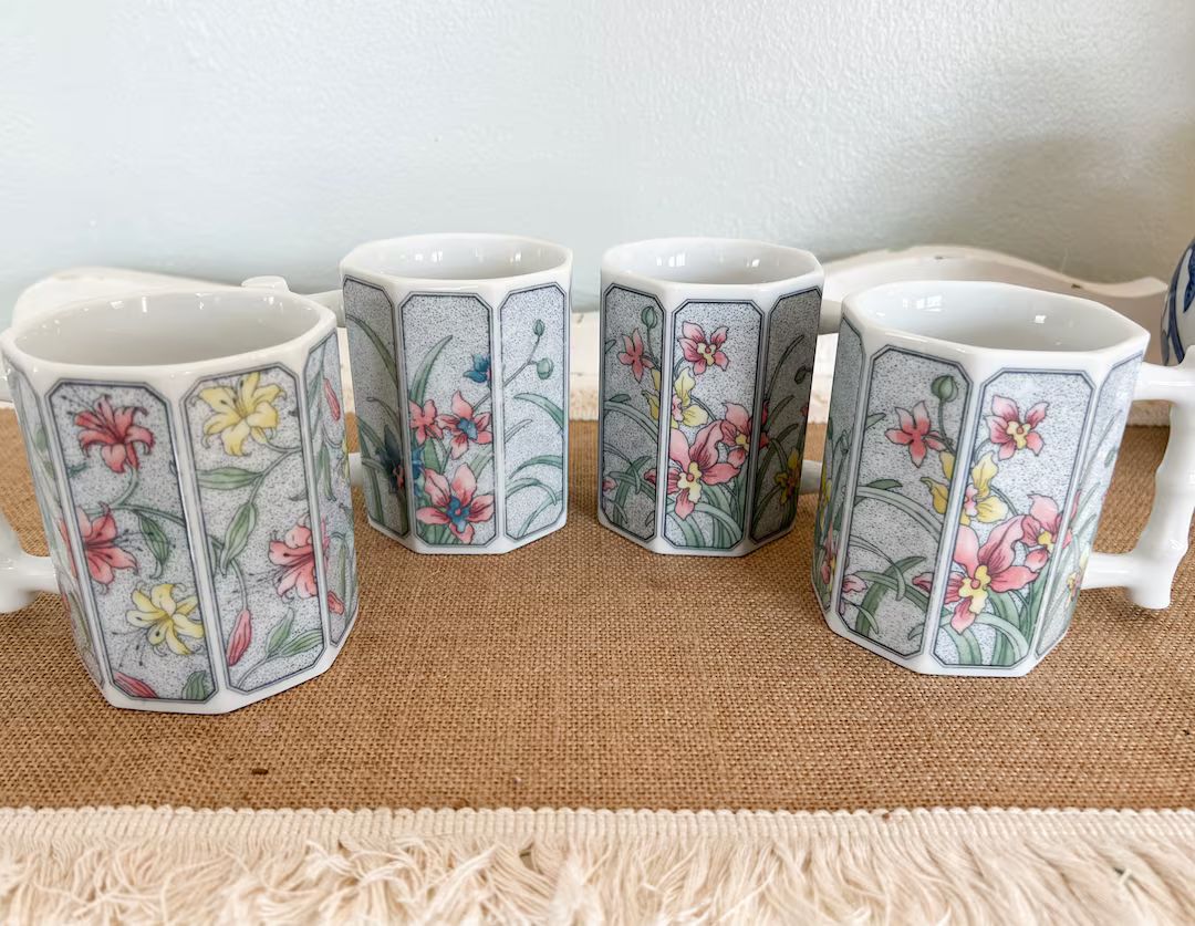 Paneled Lily Mugs, Octagon Mugs With Bamboo Handle, Pink and Yellow Lillies, China Mugs, 1980s, F... | Etsy (US)