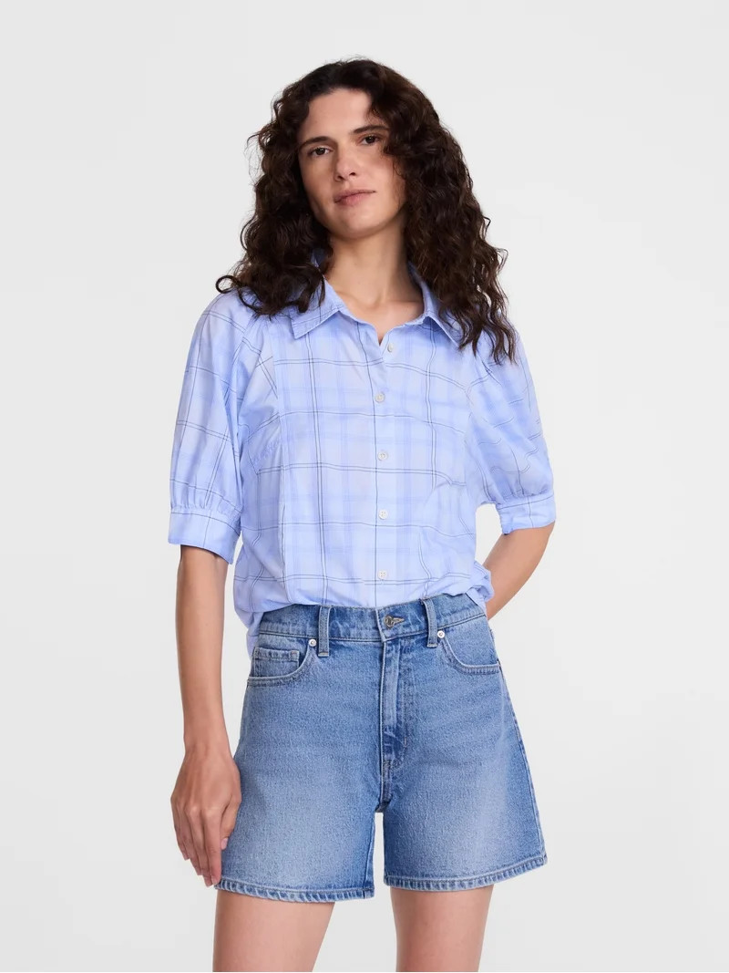 Scenario Women's Button Front Shirt with Puff Sleeves, Sizes XS-XXXL | Walmart (US)