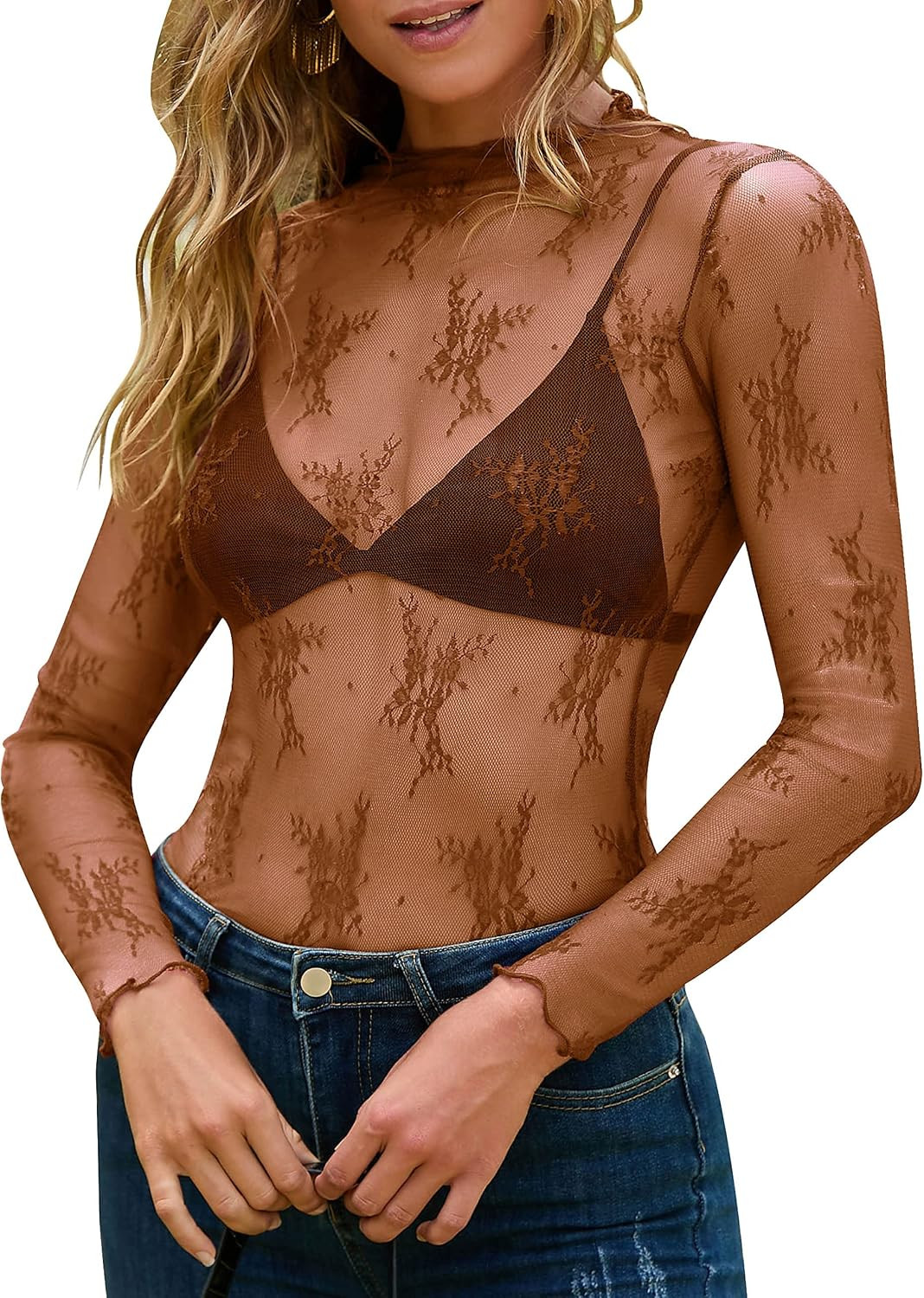 MEROKEETY Womens Mesh Sheer Lace Long Sleeve Mock Neck Blouse Shirt Tops | Amazon (US)