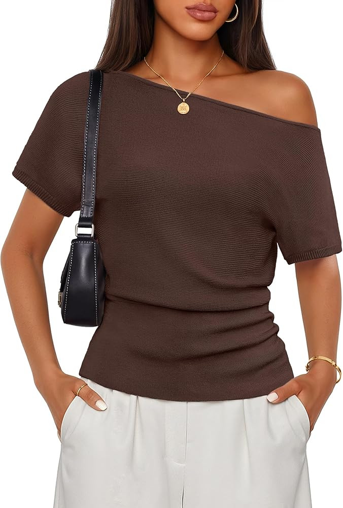 ZESICA Women's Off The Shoulder Short Sleeve Sweater Tops 2026 Summer Casual Ruched Knit Going Ou... | Amazon (US)