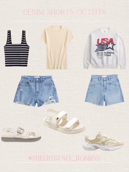 Denim shorts outfit, how to style denim shorts for summer, spring outfits, summer outfit, causal summer outfit, tops to wear with denim shorts, basic stripped tank, basic tee, USA sweatshirt, white sandals, white tennis shoes, neutral shoes, dad denim shirts, mom shorts 

#LTKStyleTip #LTKShoeCrush #LTKSeasonal