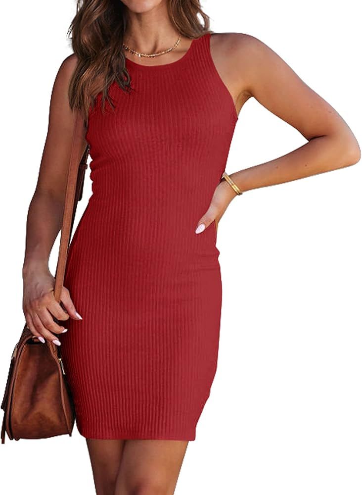 BTFBM Women's Sleeveless Ribbed Knit Tank Dress Scoop Neck Slim Fit 2023 Fashion Summer Party Clu... | Amazon (US)