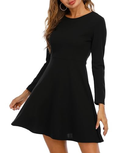 Jusfitsu Womens Long Sleeve Dress Casual Simple Dresses A-Line Midi Length Skirt Slim Fit Skater Dress Black M | Amazon (US)
