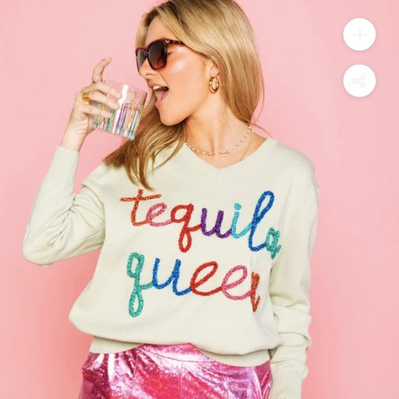 Queen Of Sparkles Tequila Glitter Pull Over Sparkly V Neck Knit Top Size Small | Poshmark