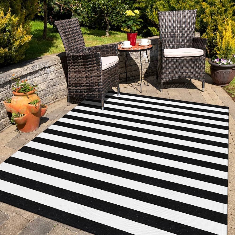 Black and White Striped Rug 5' 7" x 7' 7" Washable Large Patio Rug Cotton Hand-Woven Indoor Outdo... | Amazon (US)