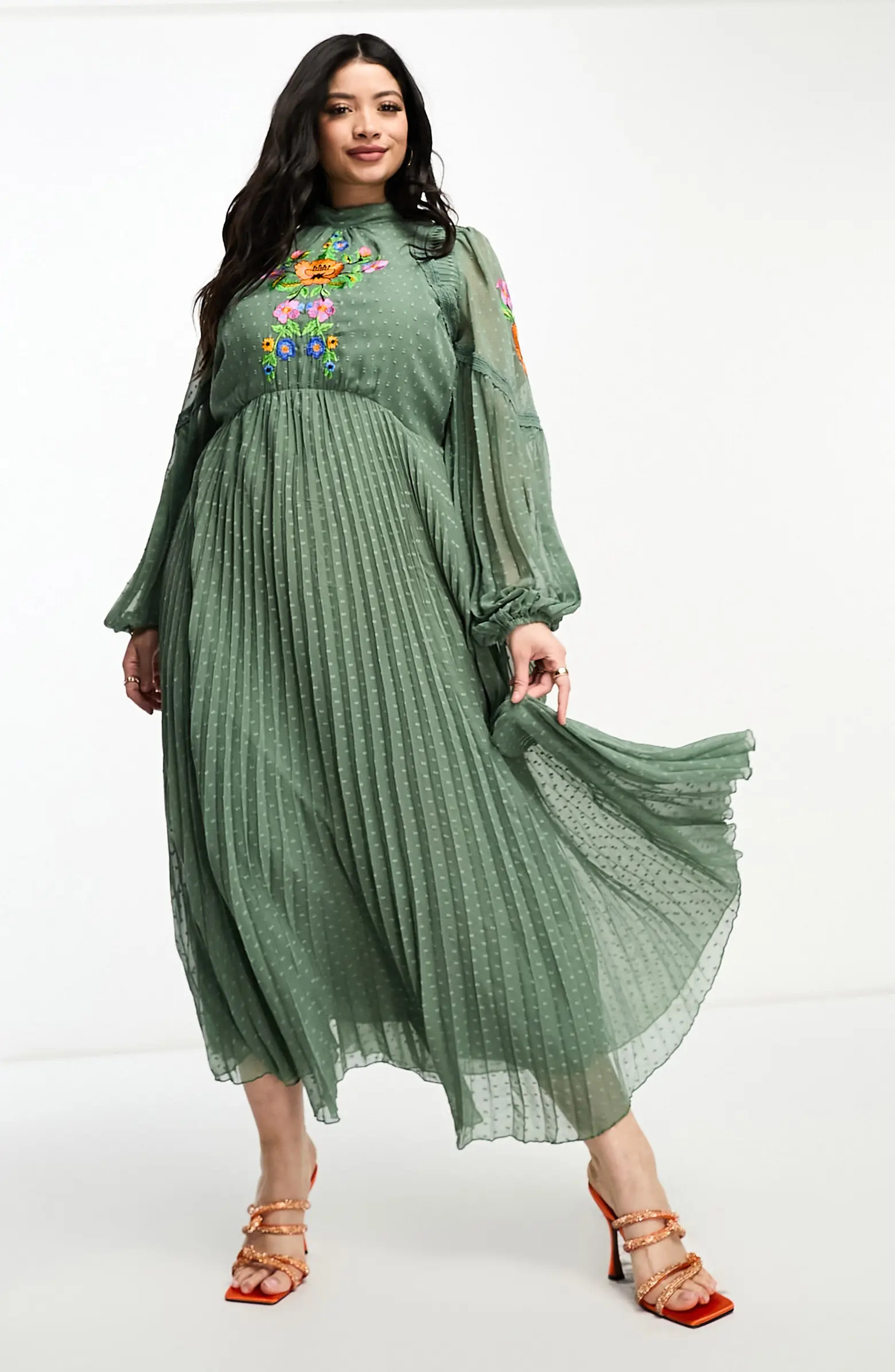 Curve Floral Embroidered Long Sleeve Pleated Dress | Nordstrom