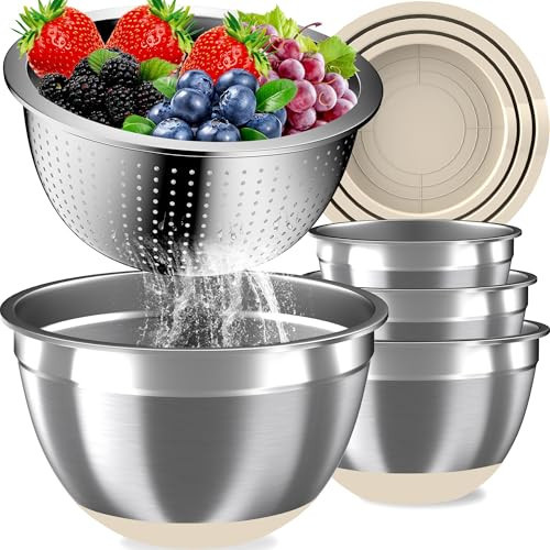 Mixing Bowls with Airtight Lids Set, 4 Stainless Steel Bowls Nesting Bowls & Colander, Kitchen Organizers and Storage Non-Slip Bottom, Size 1.5/2.0/2.5/4.5QT, Great for Mixing & Serving, Khaki | Amazon (US)
