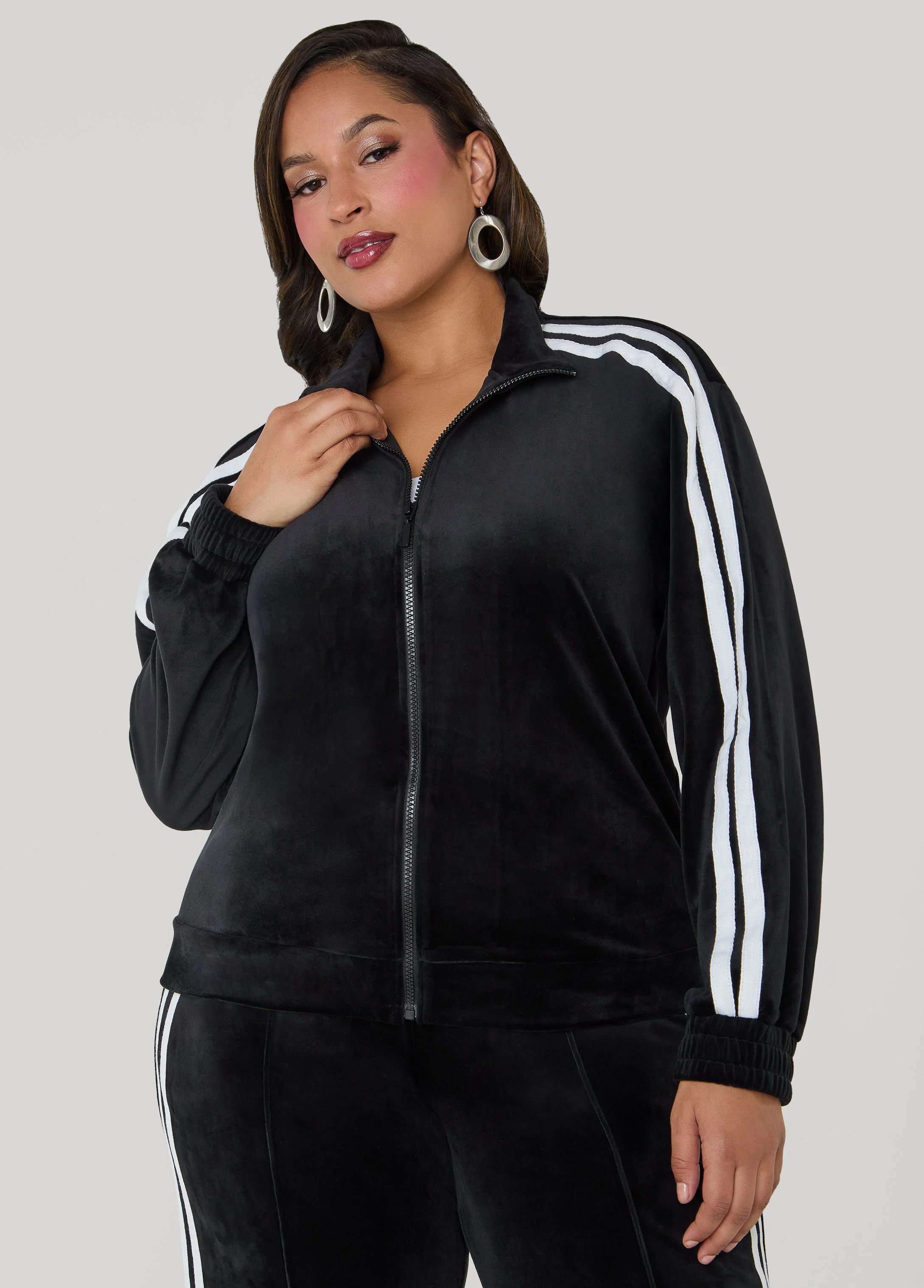 Stripe Trimmed Velour Track Jacket | Ashley Stewart