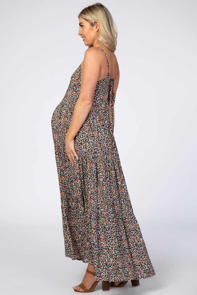Black Floral Ruffle Hem Back Tie Maternity Maxi Dress | PinkBlush Maternity
