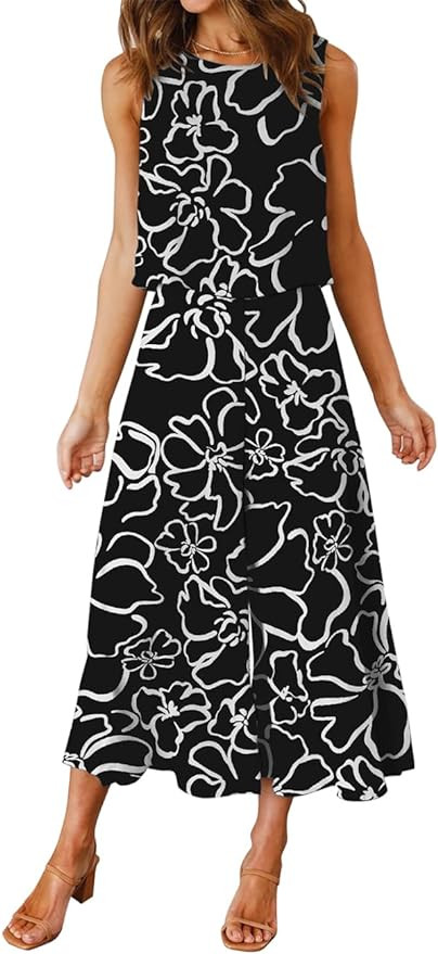 ROYLAMP Women's Summer 2 Piece Outfits Round neck Crop Basic Top Cropped Wide Leg pants Set Jumps... | Amazon (US)