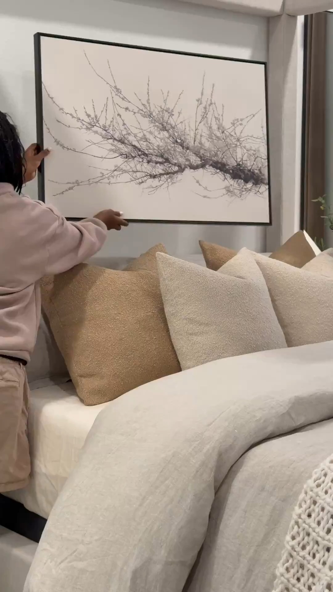 Finally found the perfect neutral art piece for this room. It measures. 36x24" …. Brown Pillows are 24x24" with 26x26" down inserts. Wheat color pillows are 20x20" with 22x22" down inserts 


Measurements: 

Bed: Queen 

Duvet: King size - I inserted 2 King sized down inserts to give the bed a fuller look. Sheets & pillows are Queen sized 

Mirrors - 58" H x 18" W……mirrors will make your space feel larger as well as reflect light to other parts of the room! 

Drapes: Color Cafe Brown … Size 40"W x 108" W 

I used two duvet inserts to create that fluffy look.. 

Bed size is a Queen and the duvet+inserts are King size. I like sizing up on bedding bc it gives more fabric to work with especially if you want your bed to look full around! 😊

I used the “small table lamp” (linked) to create the glow effect behind the planter. I recommend  warm white light bulbs. 😊#LTKStyleTip 

#LTKSaleAlert #LTKHome