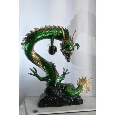 Green Bronze Dragon Fountain Statue with Pearl Sphere 30"x20"x38"H | Wayfair North America