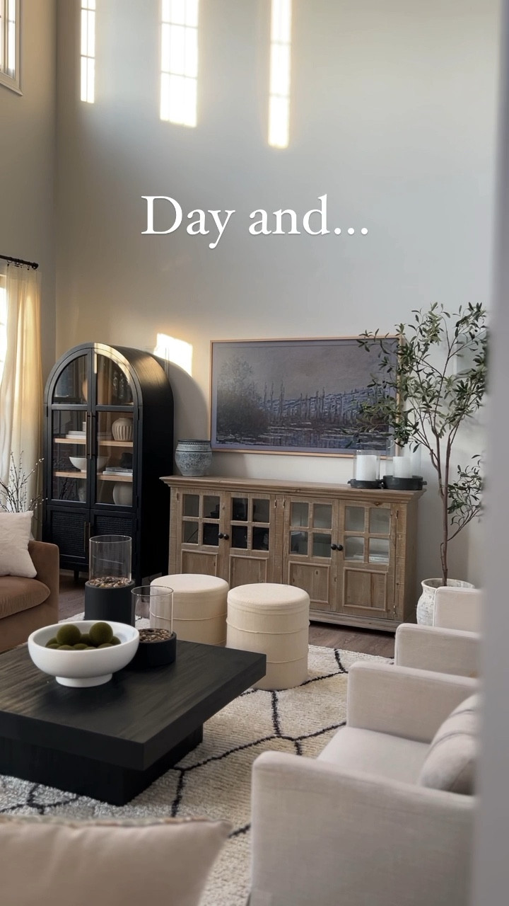 Home decor, day and night, fire pit, cozy living room, modern organic, family room, great room, coffee table, Loloi rug, cabinet, bookcase, olive tree

#LTKhome