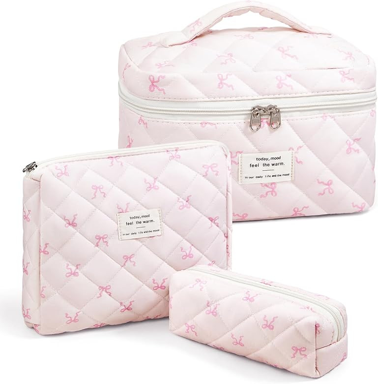 3 Piece Cute Pink Bow Quilted Makeup Bag Set, Large Capacity Travel Makeup Bags for Women and Gir... | Amazon (US)