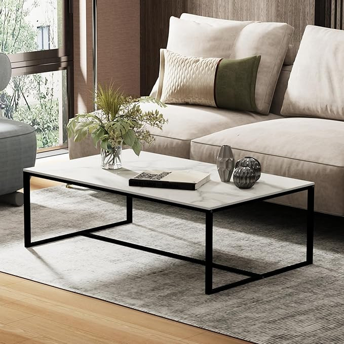 Wisfor Sintered Stone Coffee Table: White Sofa Side Table with Black Metal Frame for Living Room,... | Amazon (US)