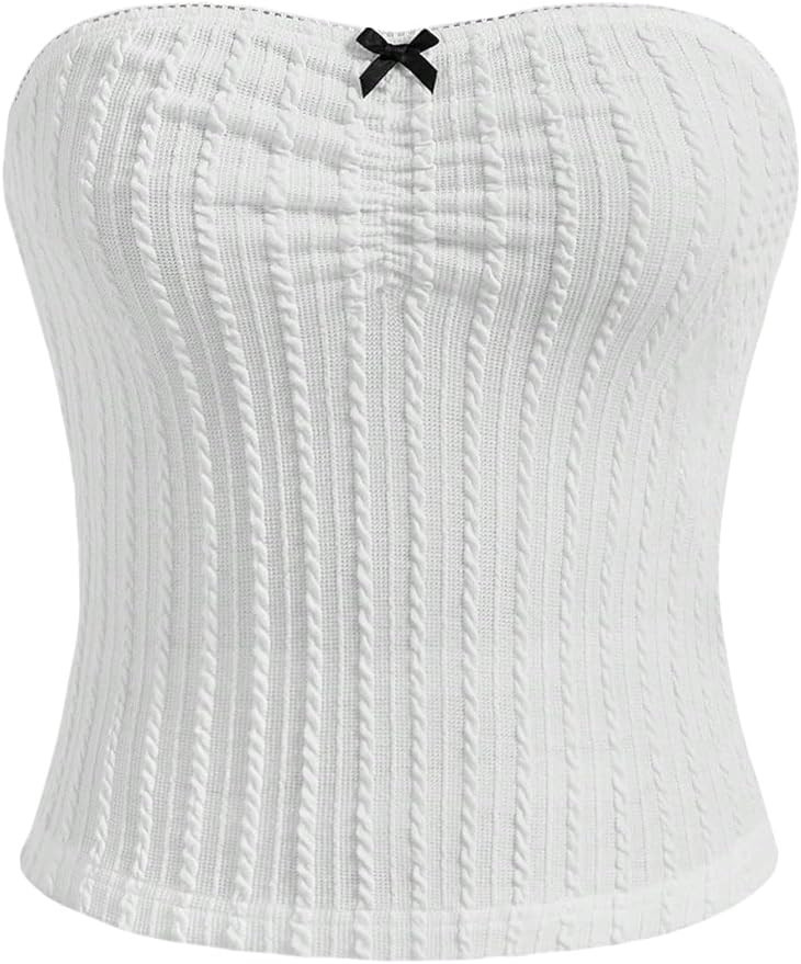 OYOANGLE Women's Rib Knit Strapless Sleeveless Crop Tube Top Summer Party Slim Fit Bandeau Tops | Amazon (US)