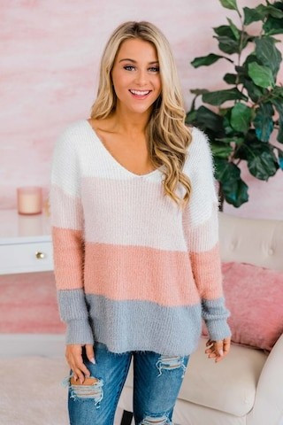 Meant To Be Yours Peach Colorblock Sweater | The Pink Lily Boutique