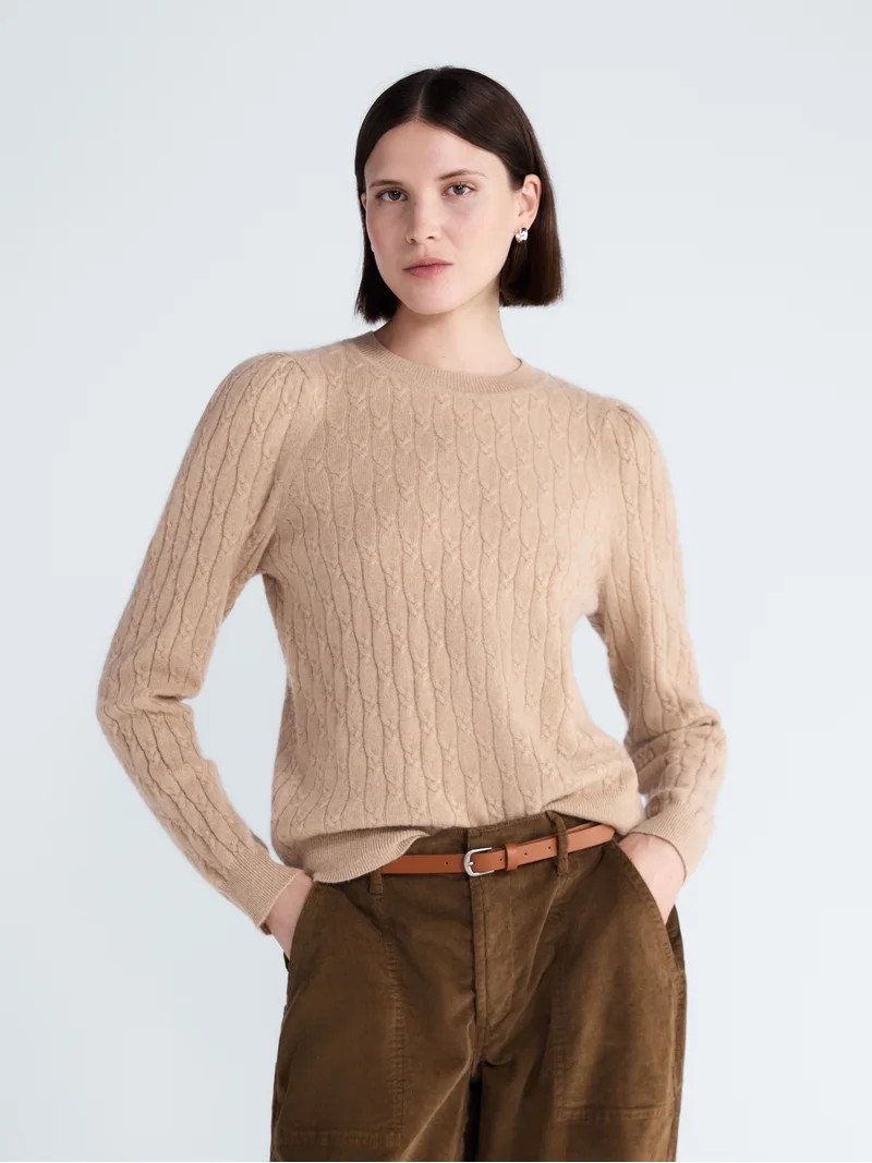 Free Assembly Women's Cashmere Cable Knit Sweater with Puff Sleeves, Midweight, Sizes XS-XXL | Walmart (US)
