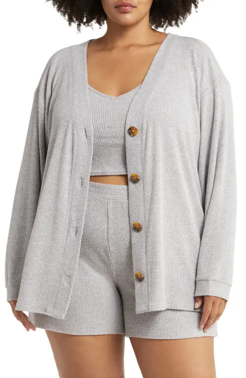 Open Edit 3-Piece Cozy Rib Pajamas in Grey Pearl Marl at Nordstrom, Size 1X | Nordstrom