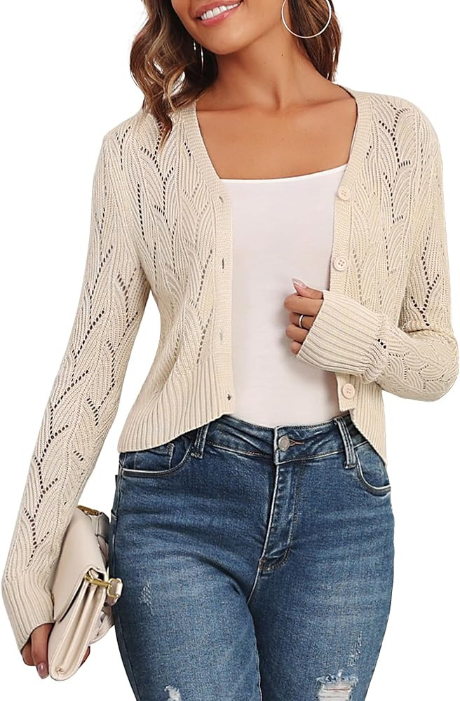 ZAFUL Women's Cropped Cardigans Sweaters Lightweight Crochet V Neck Knit Sweater Button Down Shru... | Amazon (US)